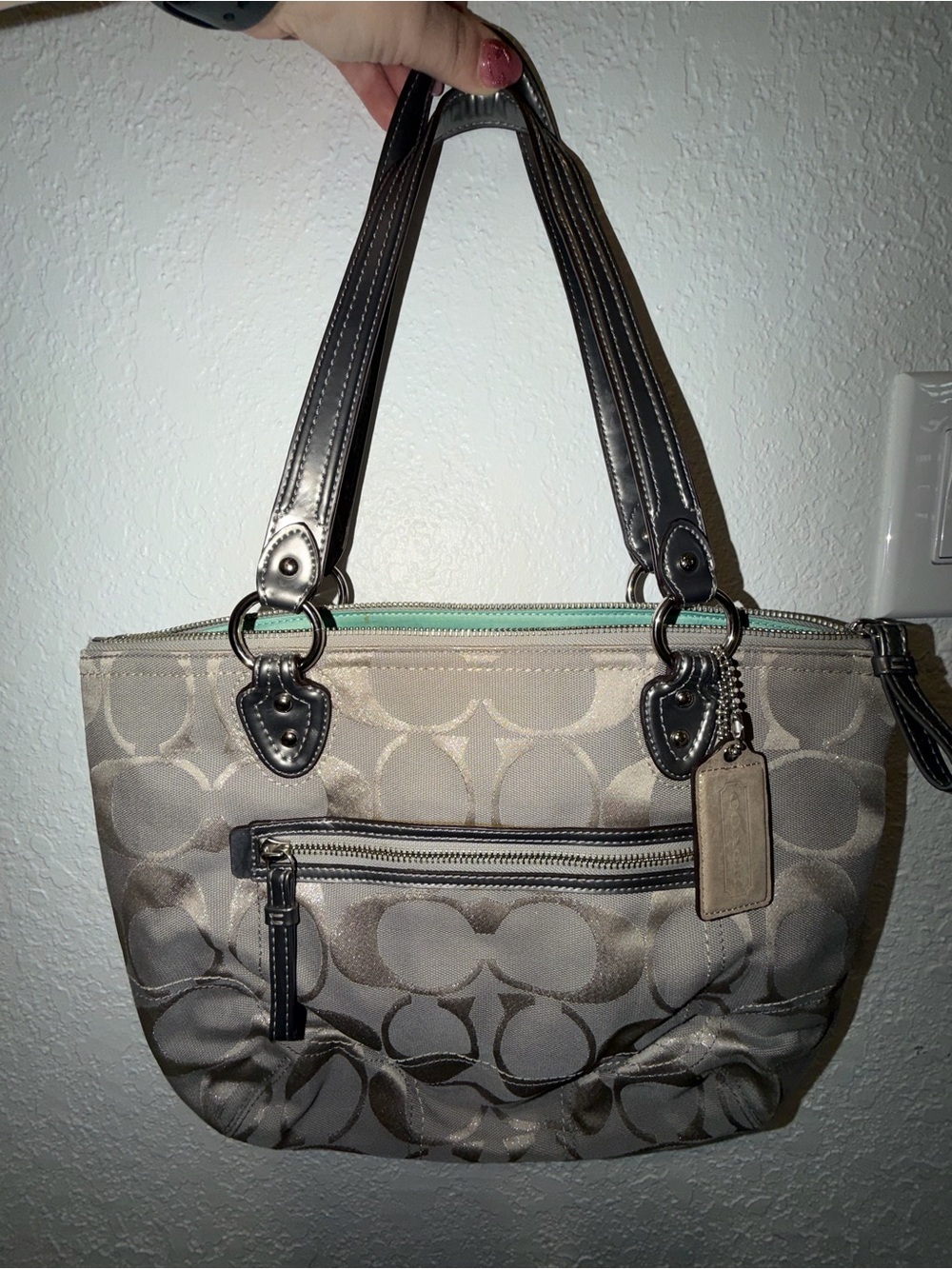 Coach silver and taupe metallic style Logo Tote Bag